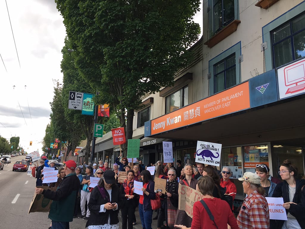 protesters outside of NDP leadership candidate Jenny Kwan's office.