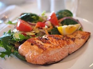 new year's eve, salmon, nature, fish, seafood, veggies, salad, meal, dish, plate, food, cuisine
